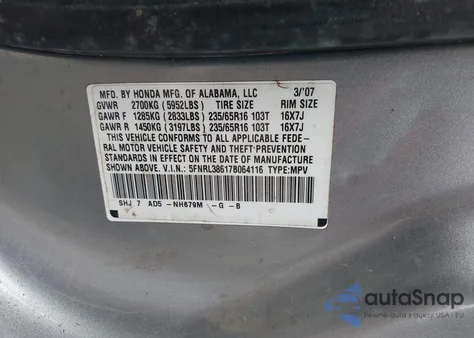 2007 Honda Odyssey Ex-L from USA, damaged, VIN 5FNRL38617B064116
